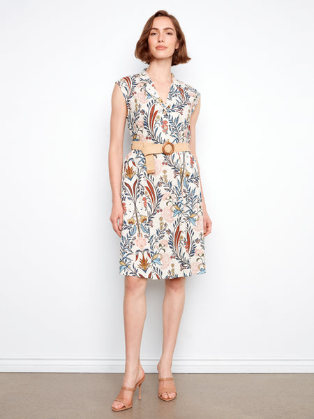 CHARLIE B C3224B PRINTED LINEN CAP SLEEVE DRESS WITH STRAW BELT