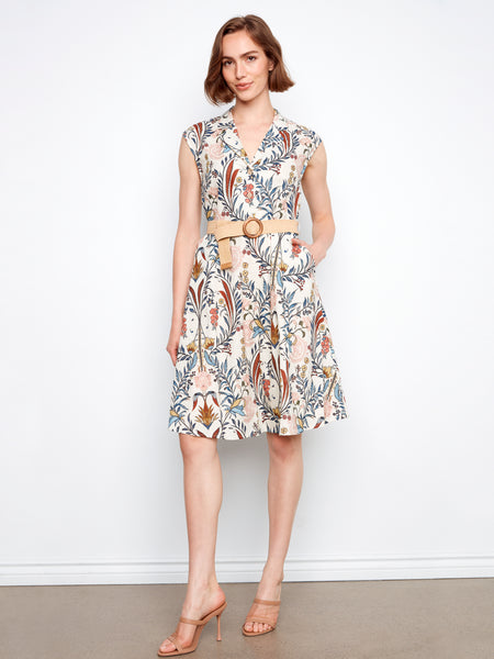 CHARLIE B C3224B PRINTED LINEN CAP SLEEVE DRESS WITH STRAW BELT