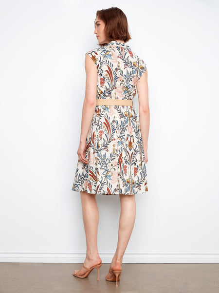 CHARLIE B C3224B PRINTED LINEN CAP SLEEVE DRESS WITH STRAW BELT