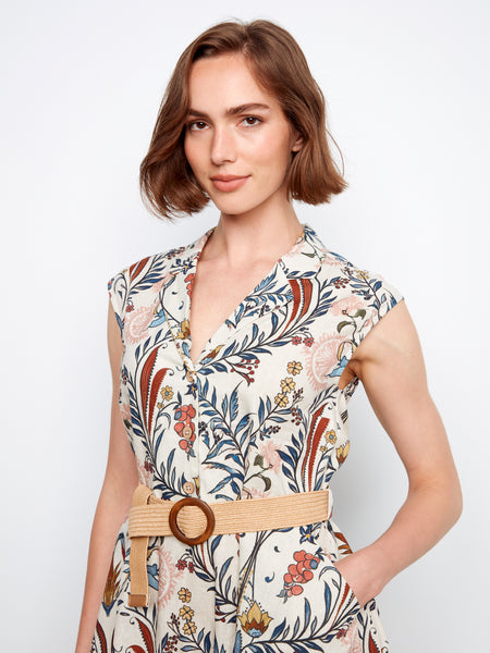CHARLIE B C3224B PRINTED LINEN CAP SLEEVE DRESS WITH STRAW BELT