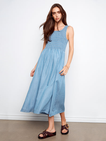CHARLIE B C3235 SLEEVELESS TENCEL MAXI DRESS WITH SMOCKED BODICE- 2 COLOURS