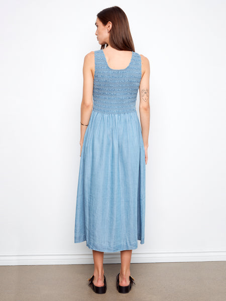 CHARLIE B C3235 SLEEVELESS TENCEL MAXI DRESS WITH SMOCKED BODICE- 2 COLOURS