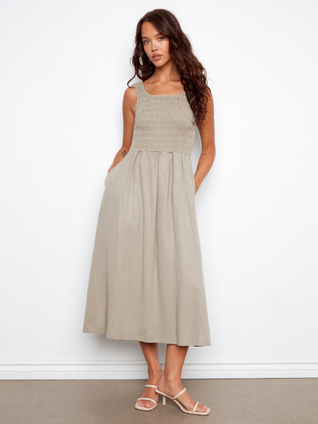 CHARLIE B C3235 SLEEVELESS TENCEL MAXI DRESS WITH SMOCKED BODICE- 2 COLOURS