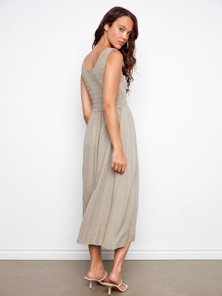 CHARLIE B C3235 SLEEVELESS TENCEL MAXI DRESS WITH SMOCKED BODICE- 2 COLOURS