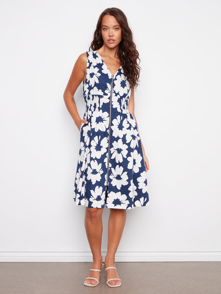 CHARLIE B C3242P  COTTON VOILE PRINTED FRONT ZIP KNEE LENGTH DRESS