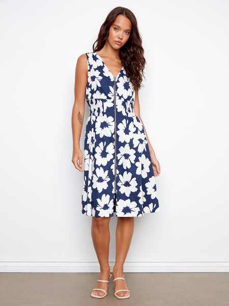 CHARLIE B C3242P  COTTON VOILE PRINTED FRONT ZIP KNEE LENGTH DRESS