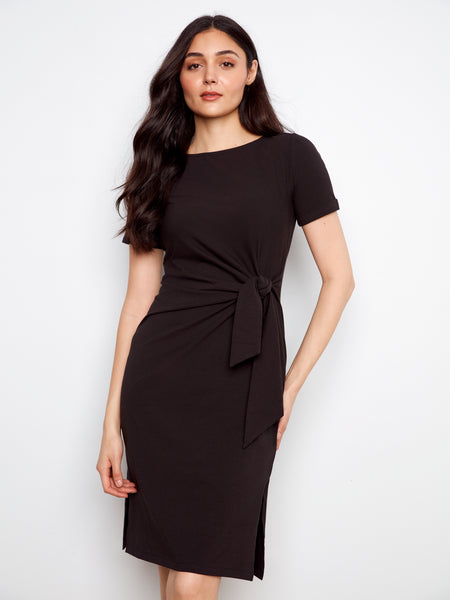 CHARLIE B C3250 SHORT SLEEVE WITH CUFF BOAT NECK DRESS WITH TIE
