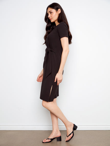 CHARLIE B C3250 SHORT SLEEVE WITH CUFF BOAT NECK DRESS WITH TIE