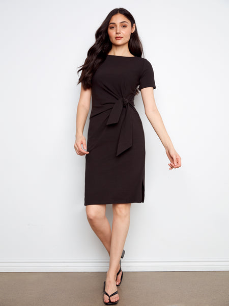 CHARLIE B C3250 SHORT SLEEVE WITH CUFF BOAT NECK DRESS WITH TIE