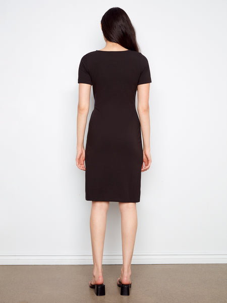 CHARLIE B C3250 SHORT SLEEVE WITH CUFF BOAT NECK DRESS WITH TIE