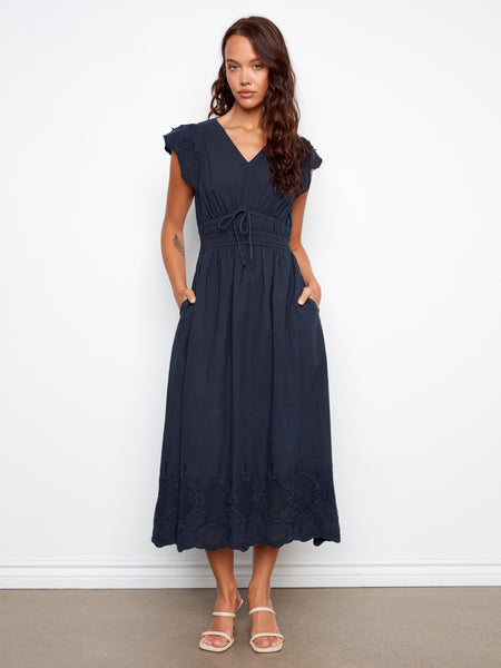 CHARLIE B C3251 V-NECK ELASTIC WAIST DRESS AND RUFFLE CAP SLEEVE