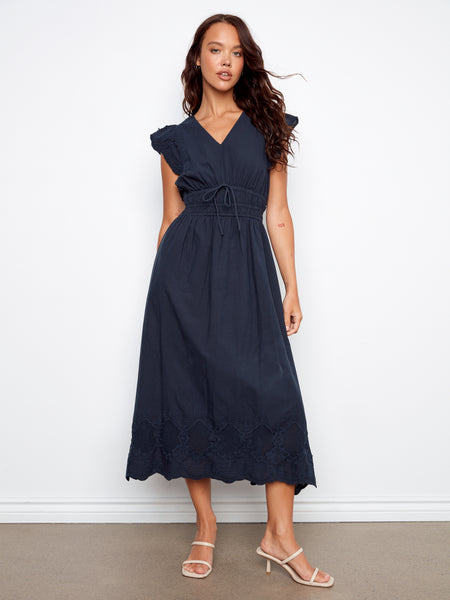 CHARLIE B C3251 V-NECK ELASTIC WAIST DRESS AND RUFFLE CAP SLEEVE