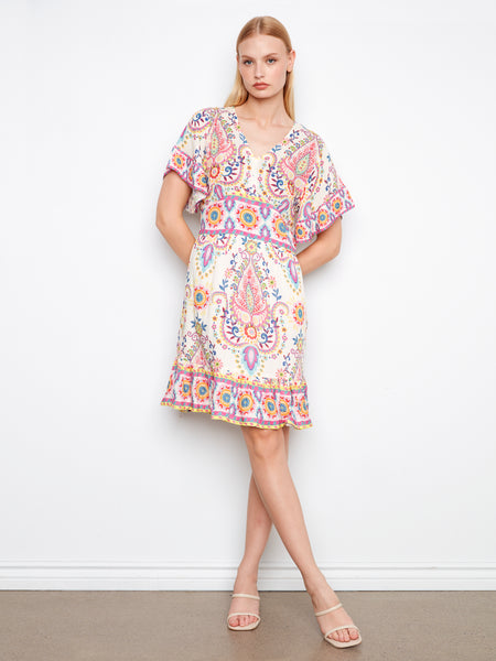 CHARLIE B C3255B BORDER PRINT FLUTTER ELBOW SLEEVE V-NECK DRESS WITH BACK SMOCKED WAISTBAND