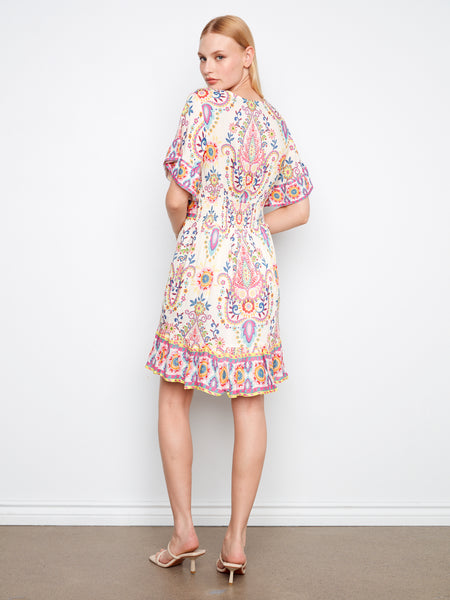 CHARLIE B C3255B BORDER PRINT FLUTTER ELBOW SLEEVE V-NECK DRESS WITH BACK SMOCKED WAISTBAND