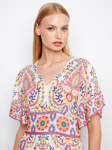 CHARLIE B C3255B BORDER PRINT FLUTTER ELBOW SLEEVE V-NECK DRESS WITH BACK SMOCKED WAISTBAND