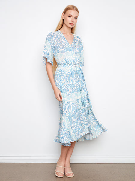 CHARLIE B C3256 PRINTED FLUTTER ELBOW SLEEVE FAKE WRAP DRESS WITH SELF BELT
