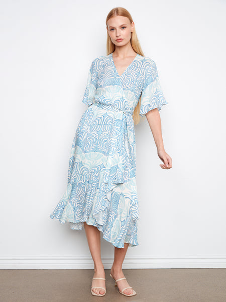 CHARLIE B C3256 PRINTED FLUTTER ELBOW SLEEVE FAKE WRAP DRESS WITH SELF BELT