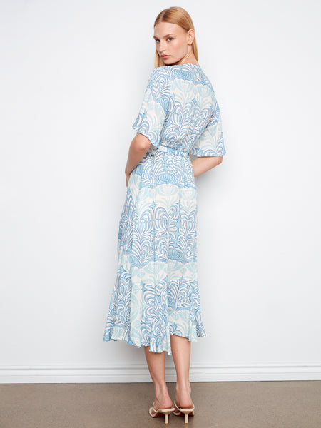 CHARLIE B C3256 PRINTED FLUTTER ELBOW SLEEVE FAKE WRAP DRESS WITH SELF BELT