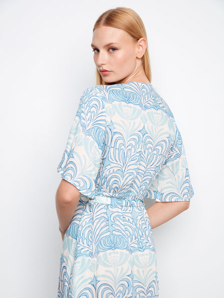 CHARLIE B C3256 PRINTED FLUTTER ELBOW SLEEVE FAKE WRAP DRESS WITH SELF BELT