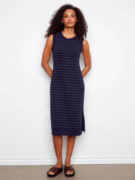 CHARLIE B C3259P STRIPED SLEEVELESS LONG CREW NECK SWEATER DRESS