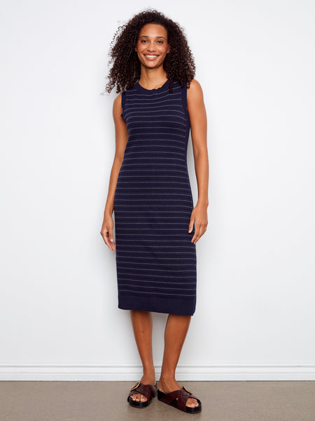 CHARLIE B C3259P STRIPED SLEEVELESS LONG CREW NECK SWEATER DRESS