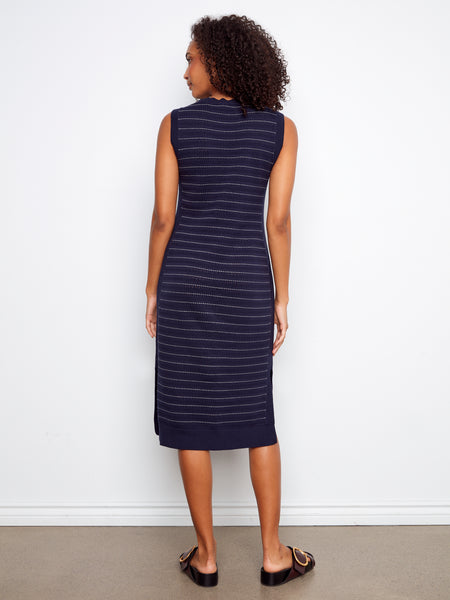 CHARLIE B C3259P STRIPED SLEEVELESS LONG CREW NECK SWEATER DRESS