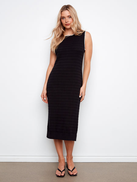 CHARLIE B C3259 SLEEVELESS LONG CREW NECK SWEATER DRESS WITH BLANKET EDGE STITCH DETAIL
