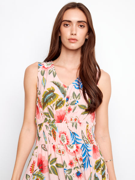 CHARLIE B C3261 PRINTED VISCOSE DRESS WITH SMOCKING AT WAIST