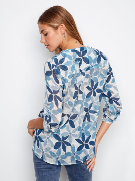 CHARLIE B C4188DR PRINTED ROL UP SLEEVE COTTON GAUZE TOP- 3 COLOURS