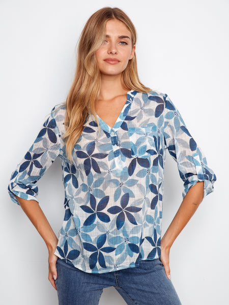 CHARLIE B C4188DR PRINTED ROL UP SLEEVE COTTON GAUZE TOP- 3 COLOURS