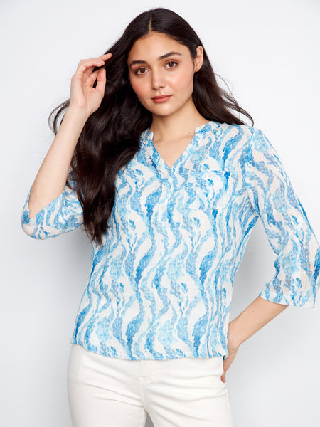 CHARLIE B C4188DR PRINTED ROL UP SLEEVE COTTON GAUZE TOP- 3 COLOURS