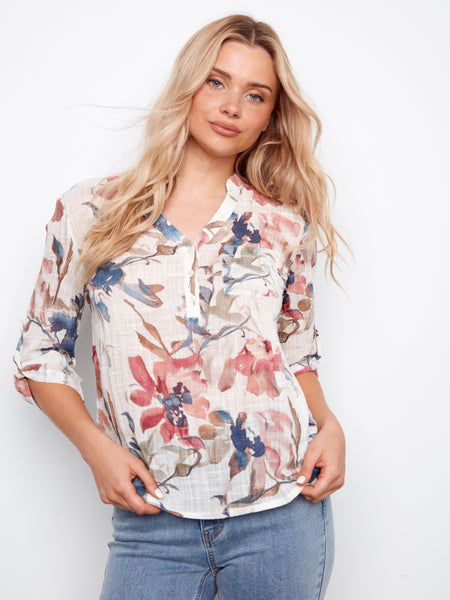 CHARLIE B C4188DR PRINTED ROL UP SLEEVE COTTON GAUZE TOP- 3 COLOURS