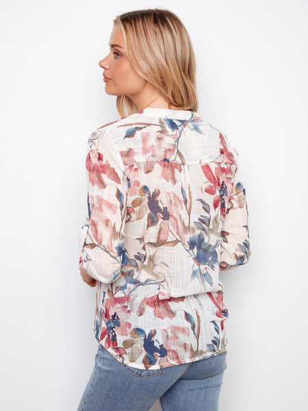 CHARLIE B C4188DR PRINTED ROL UP SLEEVE COTTON GAUZE TOP- 3 COLOURS