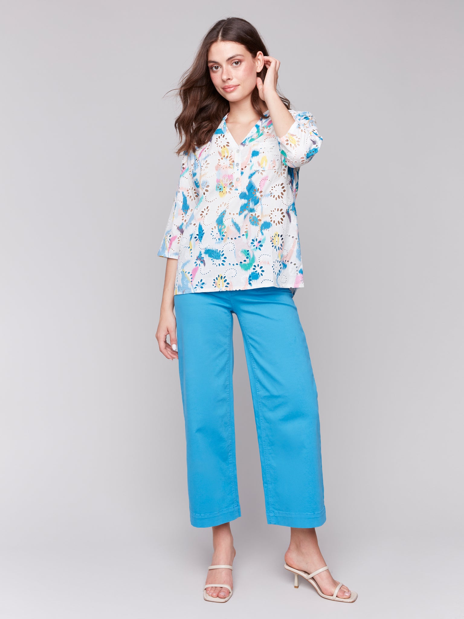 CHARLIE B C4188T PRINTED COTTON EYELET HALF-BUTTON BLOUSE