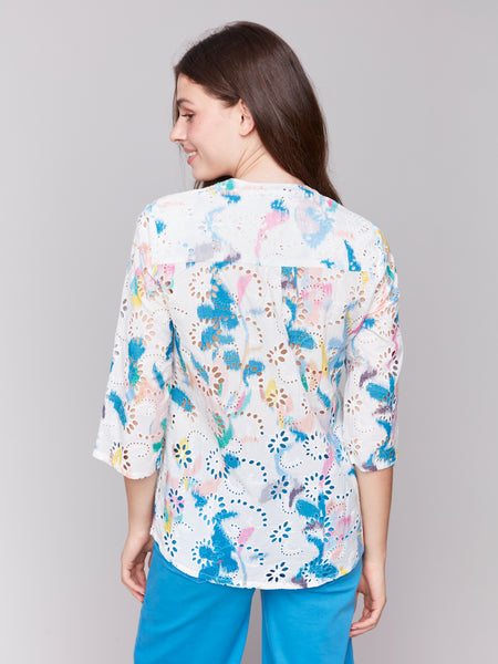 CHARLIE B C4188T PRINTED COTTON EYELET HALF-BUTTON BLOUSE