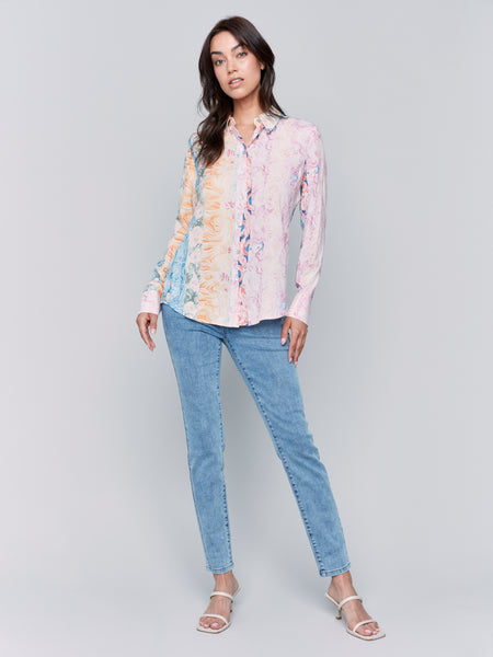 CHARLIE B C4252RP PRINTED LONG SLEEVE BUTTON-DOWN BLOUSE