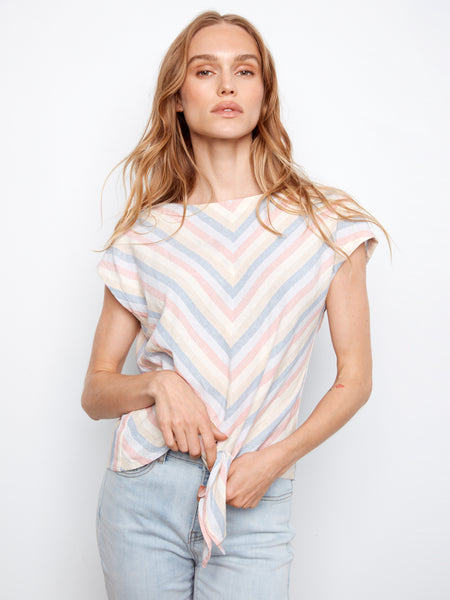 CHARLIE B C4271R YARN DYE STRIPE LINEN FRONT-TIE BLOUSE