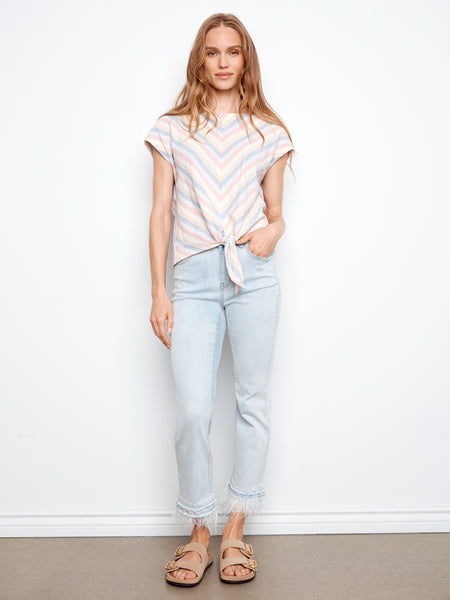 CHARLIE B C4271R YARN DYE STRIPE LINEN FRONT-TIE BLOUSE