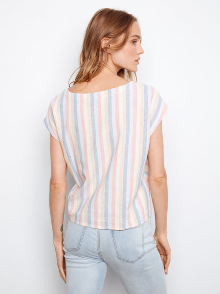 CHARLIE B C4271R YARN DYE STRIPE LINEN FRONT-TIE BLOUSE