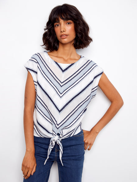 CHARLIE B C4271 CAP SLEEVE Y/D STRIPED TOP