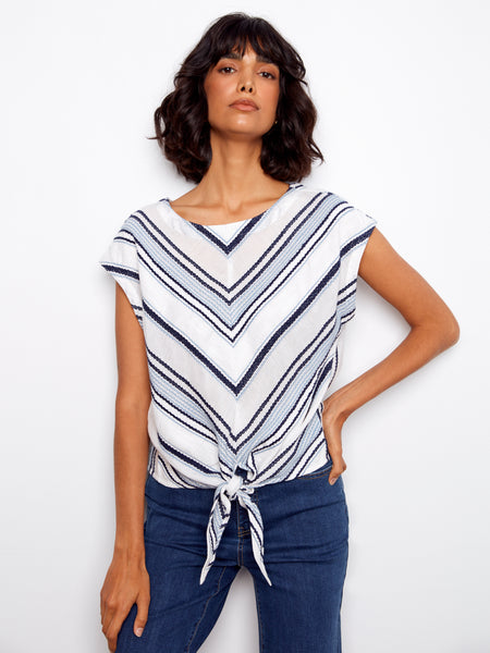 CHARLIE B C4271 CAP SLEEVE Y/D STRIPED TOP