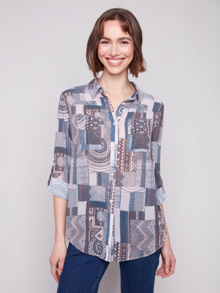 CHARLIE B C4308PR LONG SLEEVE BUTTON-UP BLOUSE WITH FRONT TIE