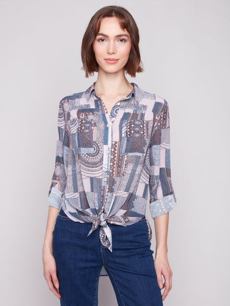 CHARLIE B C4308PR LONG SLEEVE BUTTON-UP BLOUSE WITH FRONT TIE