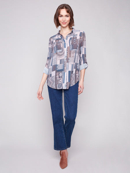 CHARLIE B C4308PR LONG SLEEVE BUTTON-UP BLOUSE WITH FRONT TIE