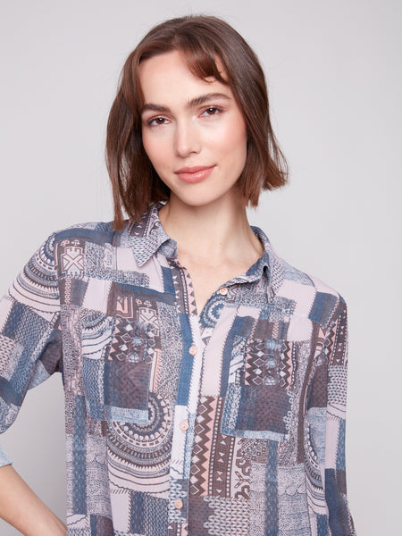 CHARLIE B C4308PR LONG SLEEVE BUTTON-UP BLOUSE WITH FRONT TIE