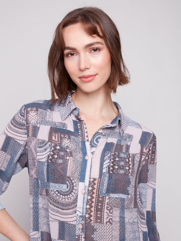 CHARLIE B C4308PR LONG SLEEVE BUTTON-UP BLOUSE WITH FRONT TIE