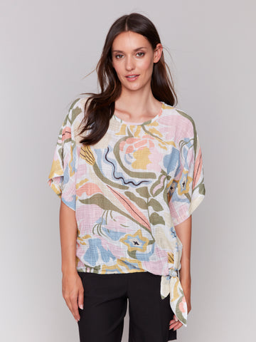 CHARLIE B C4403AD PRINTED COTTON GAUZE BLOUSE WITH SIDE TIE