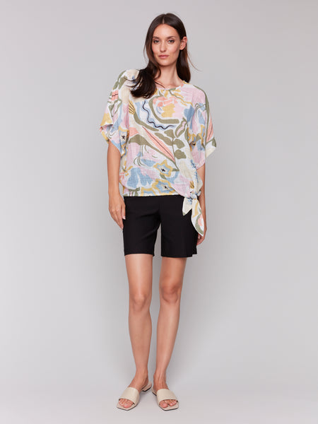 CHARLIE B C4403AD PRINTED COTTON GAUZE BLOUSE WITH SIDE TIE