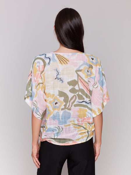 CHARLIE B C4403AD PRINTED COTTON GAUZE BLOUSE WITH SIDE TIE