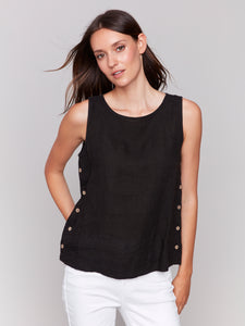 CHARLIE B C4425T SLEEVELESS LINEN TOP WITH SIDE BUTTONS- 4 COLOURS